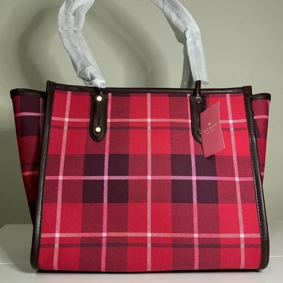 NEW Kate Spade Bright Rose Ella Plaid Tote WKR00604 $299 Red - Picture 5 of 10
